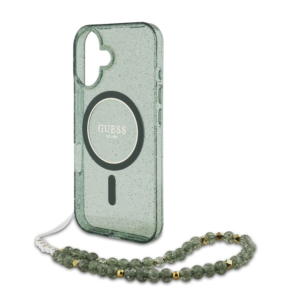 MagSafe tok Apple iPhone 16 Plus-hoz, Guess, IML Glitter gyöngyház pánttal, Zöld
