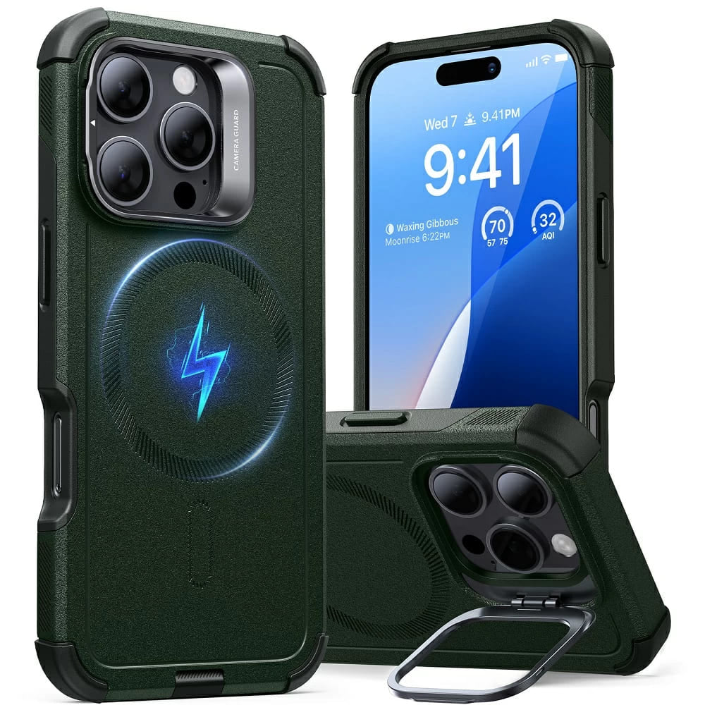 MagSafe tok Apple iPhone 16 Pro-hoz, ESR, Cyber Armor Kickstand, Zöld