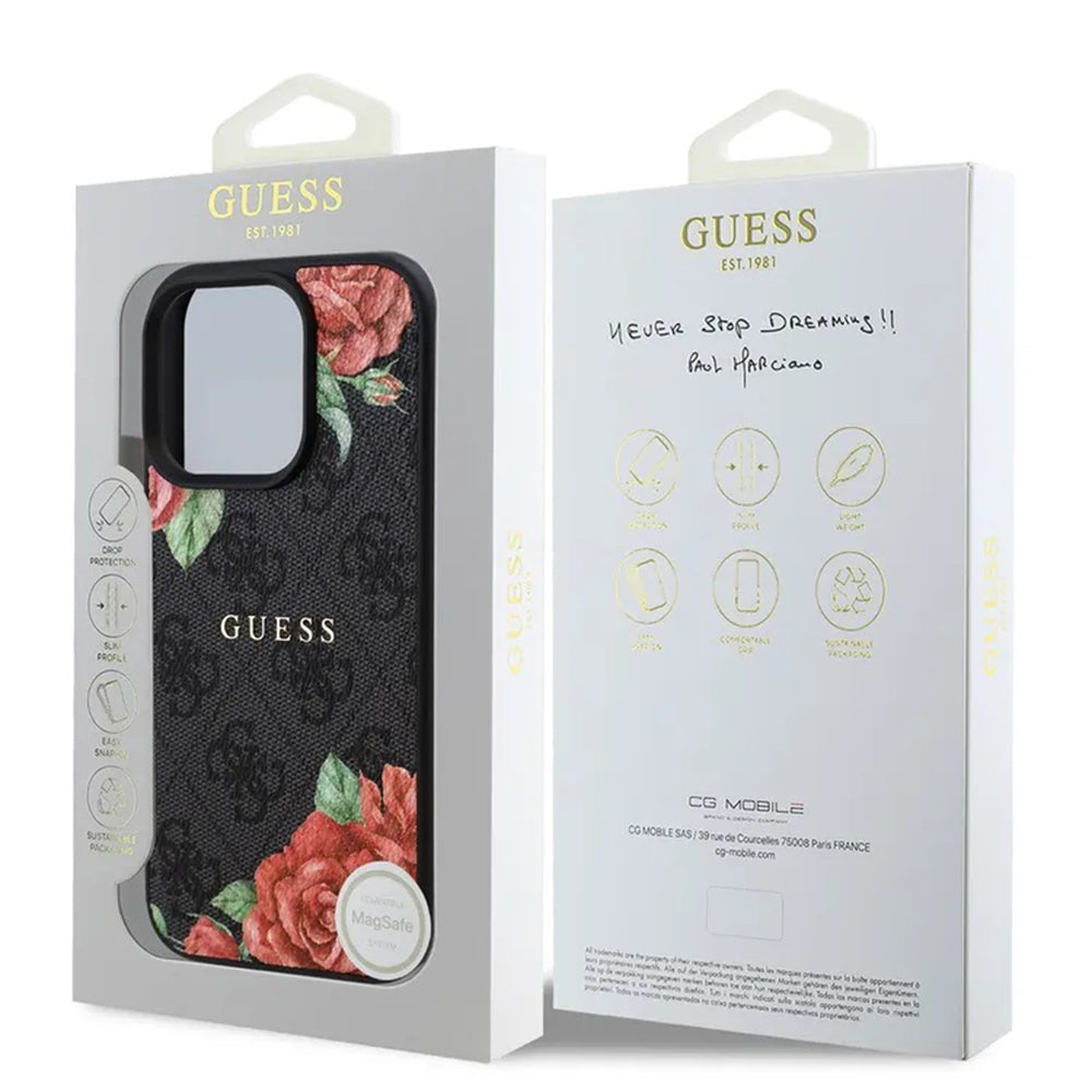 MagSafe tok Apple iPhone 16 Pro-hoz, Guess, 4G Flowers Print, Fekete