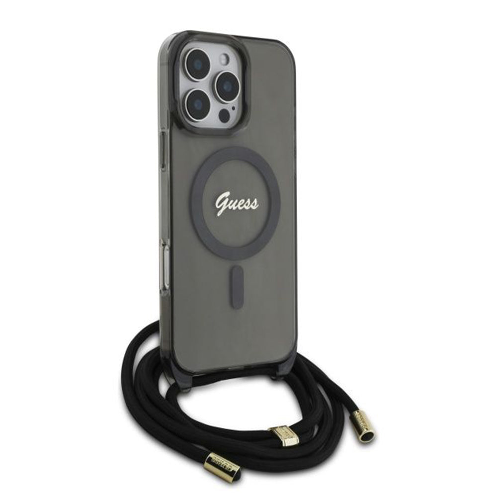 MagSafe tok Apple iPhone 16 Pro-hoz, Guess, IML Crossbody Cord Script, Fekete