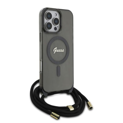 MagSafe tok Apple iPhone 16 Pro-hoz, Guess, IML Crossbody Cord Script, Fekete