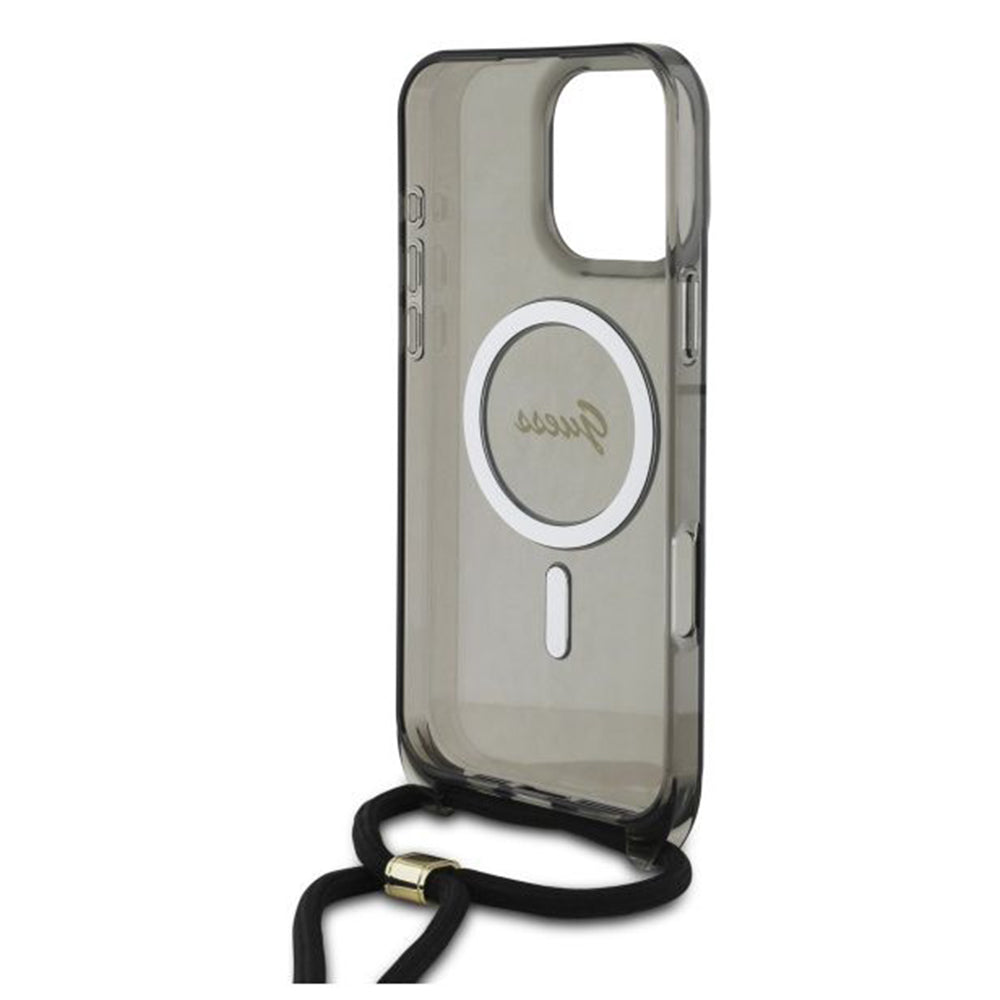 MagSafe tok Apple iPhone 16 Pro-hoz, Guess, IML Crossbody Cord Script, Fekete