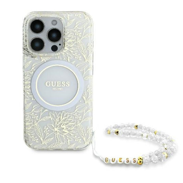 MagSafe tok Apple iPhone 16 Pro-hoz, Guess, IML Flowers Allover Electroplated with Pearl Strap, Fehér