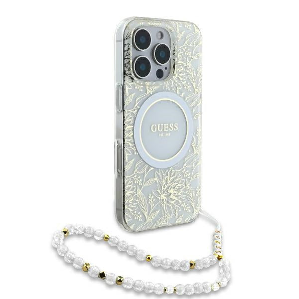 MagSafe tok Apple iPhone 16 Pro-hoz, Guess, IML Flowers Allover Electroplated with Pearl Strap, Fehér