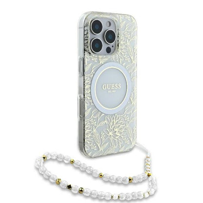 MagSafe tok Apple iPhone 16 Pro-hoz, Guess, IML Flowers Allover Electroplated with Pearl Strap, Fehér