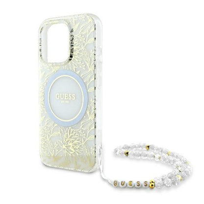 MagSafe tok Apple iPhone 16 Pro-hoz, Guess, IML Flowers Allover Electroplated with Pearl Strap, Fehér