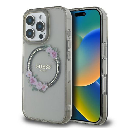 MagSafe tok Apple iPhone 16 Pro-hoz, Guess, IML Flowers Wreath, Fekete