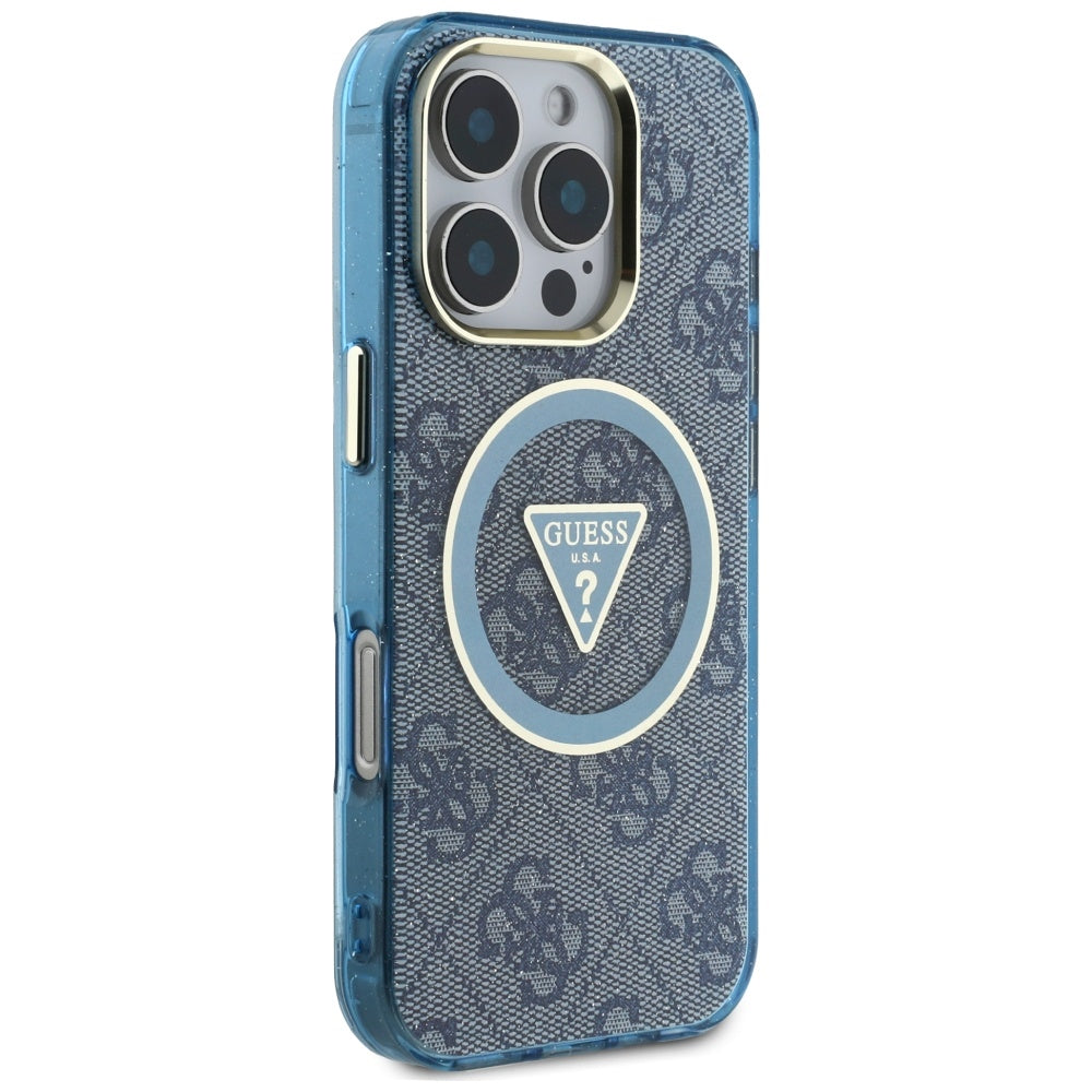 MagSafe Case for Apple iPhone 16 Pro, Guess, IML Glitter 4G Circle Triangle, Blue