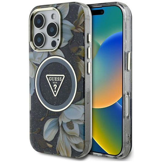 MagSafe tok Apple iPhone 16 Pro-hoz, Guess, IML Metal Glitter Flowers Triangle, Fekete