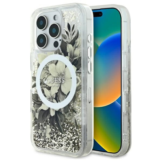 MagSafe tok Apple iPhone 16 Pro-hoz, Guess, Liquid Glitter Flower, Bézs
