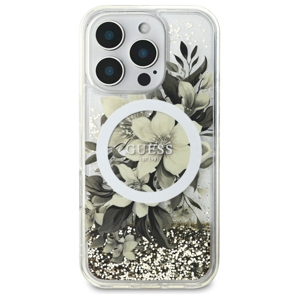 MagSafe tok Apple iPhone 16 Pro-hoz, Guess, Liquid Glitter Flower, Bézs