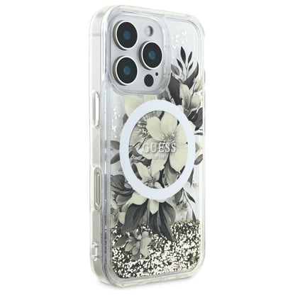 MagSafe tok Apple iPhone 16 Pro-hoz, Guess, Liquid Glitter Flower, Bézs