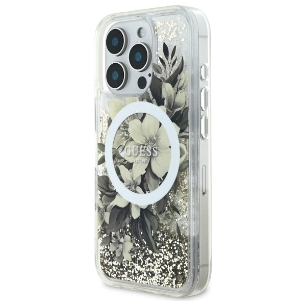 MagSafe tok Apple iPhone 16 Pro-hoz, Guess, Liquid Glitter Flower, Bézs
