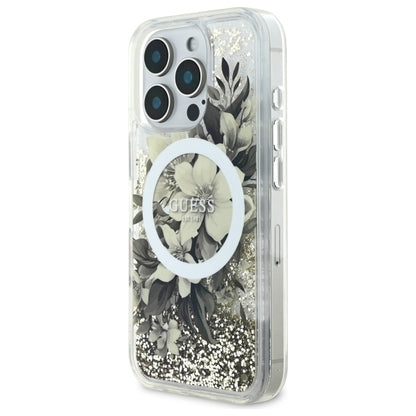 MagSafe tok Apple iPhone 16 Pro-hoz, Guess, Liquid Glitter Flower, Bézs
