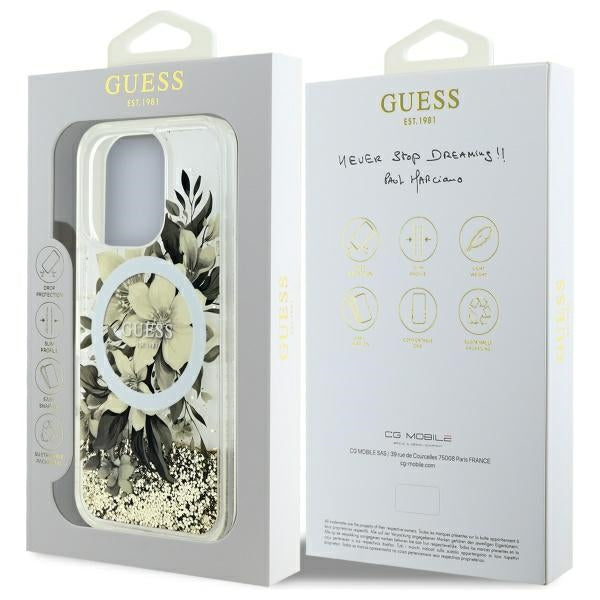 MagSafe tok Apple iPhone 16 Pro-hoz, Guess, Liquid Glitter Flower, Bézs