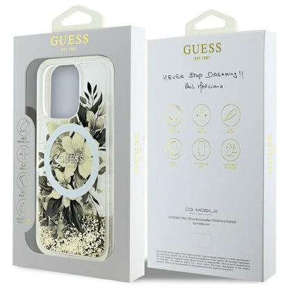 MagSafe tok Apple iPhone 16 Pro-hoz, Guess, Liquid Glitter Flower, Bézs