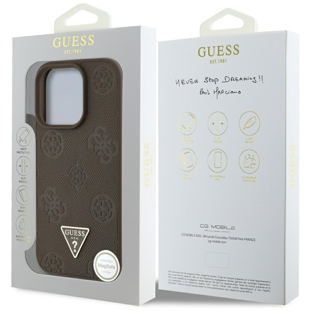 MagSafe tok Apple iPhone 16 Pro-hoz, Guess, Peony Grained Hot Stamp Triangle, Barna