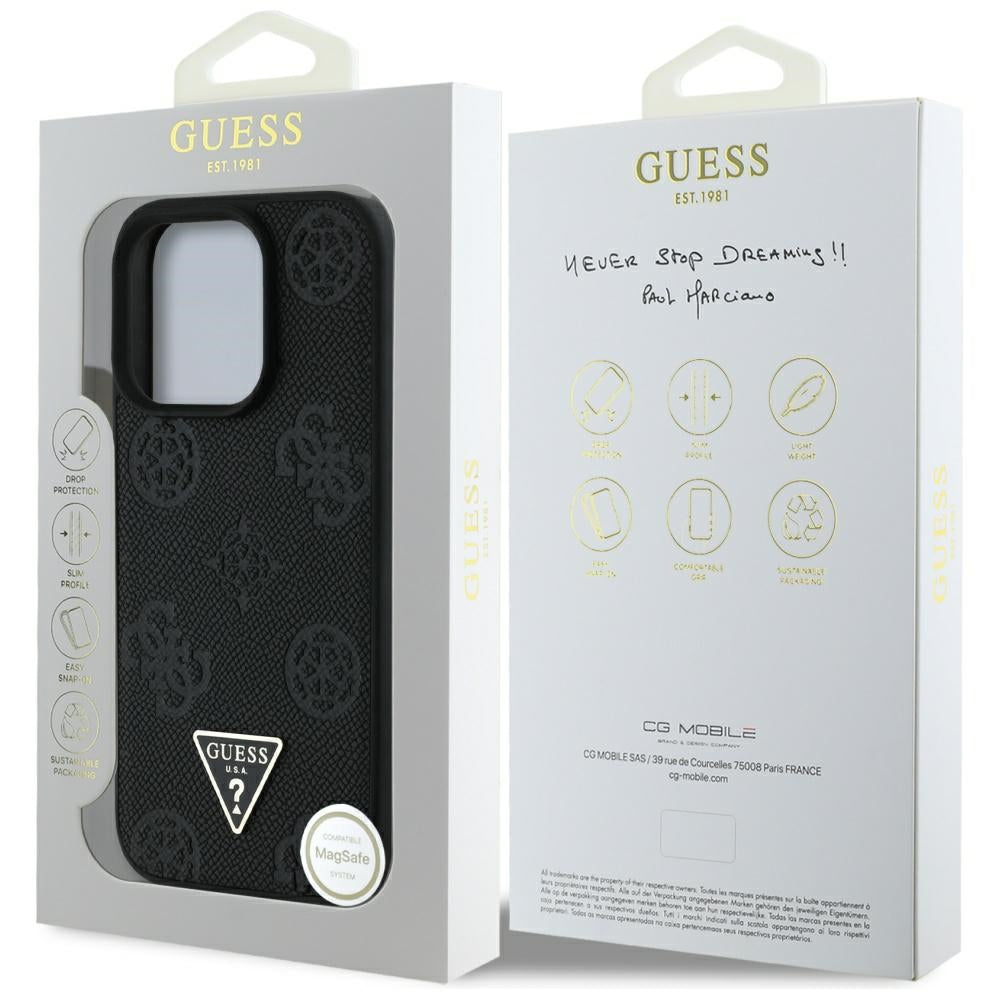 MagSafe tok Apple iPhone 16 Pro-hoz, Guess, Peony Grained Hot Stamp Triangle, Fekete