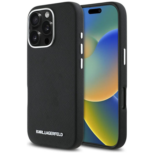 MagSafe tok Apple iPhone 16 Pro-hoz, Karl Lagerfeld, Saffiano teljesen beburkolt hosszúkás fém logóval, Fekete