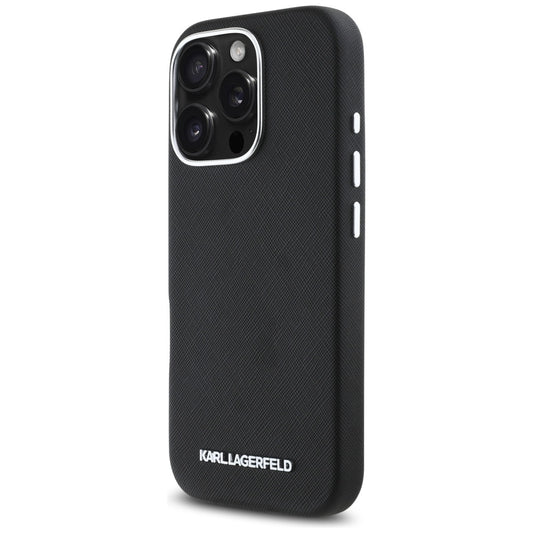 MagSafe tok Apple iPhone 16 Pro-hoz, Karl Lagerfeld, Saffiano teljesen beburkolt hosszúkás fém logóval, Fekete