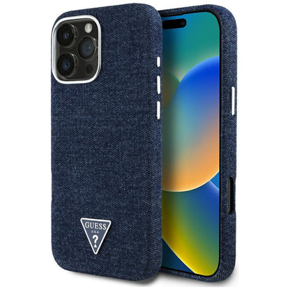 MagSafe Case for Apple iPhone 16 Pro Max, Guess, Denim Triangle Logo, Blue