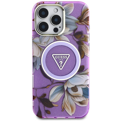 MagSafe tok Apple iPhone 16 Pro Max-hoz, Guess, IML Metal Glitter Flowers Triangle, Lila