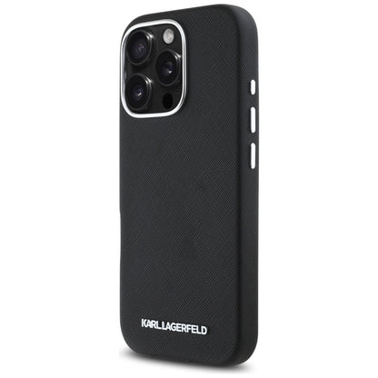 MagSafe tok Apple iPhone 16 Pro Max-hez, Karl Lagerfeld, Saffiano teljesen beburkolt hosszúkás fém logóval, fekete
