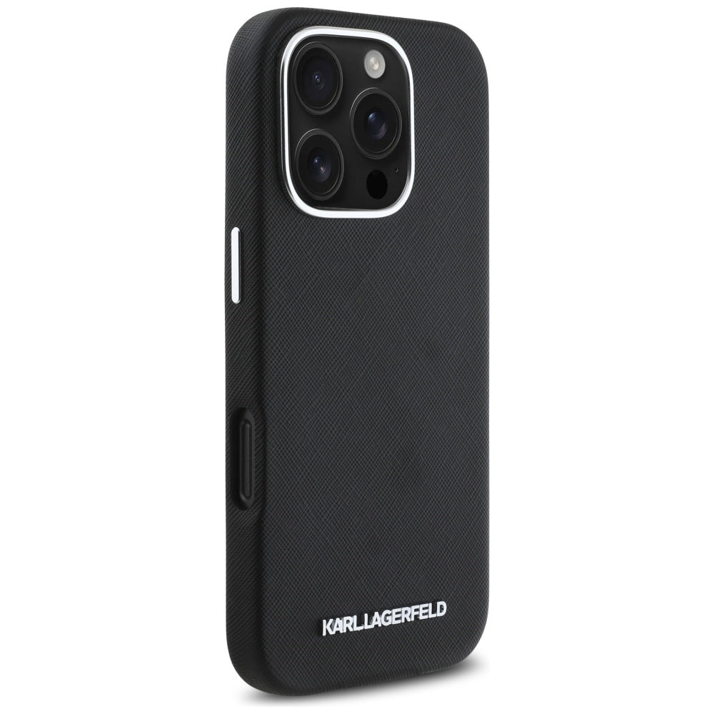 MagSafe tok Apple iPhone 16 Pro Max-hez, Karl Lagerfeld, Saffiano teljesen beburkolt hosszúkás fém logóval, fekete