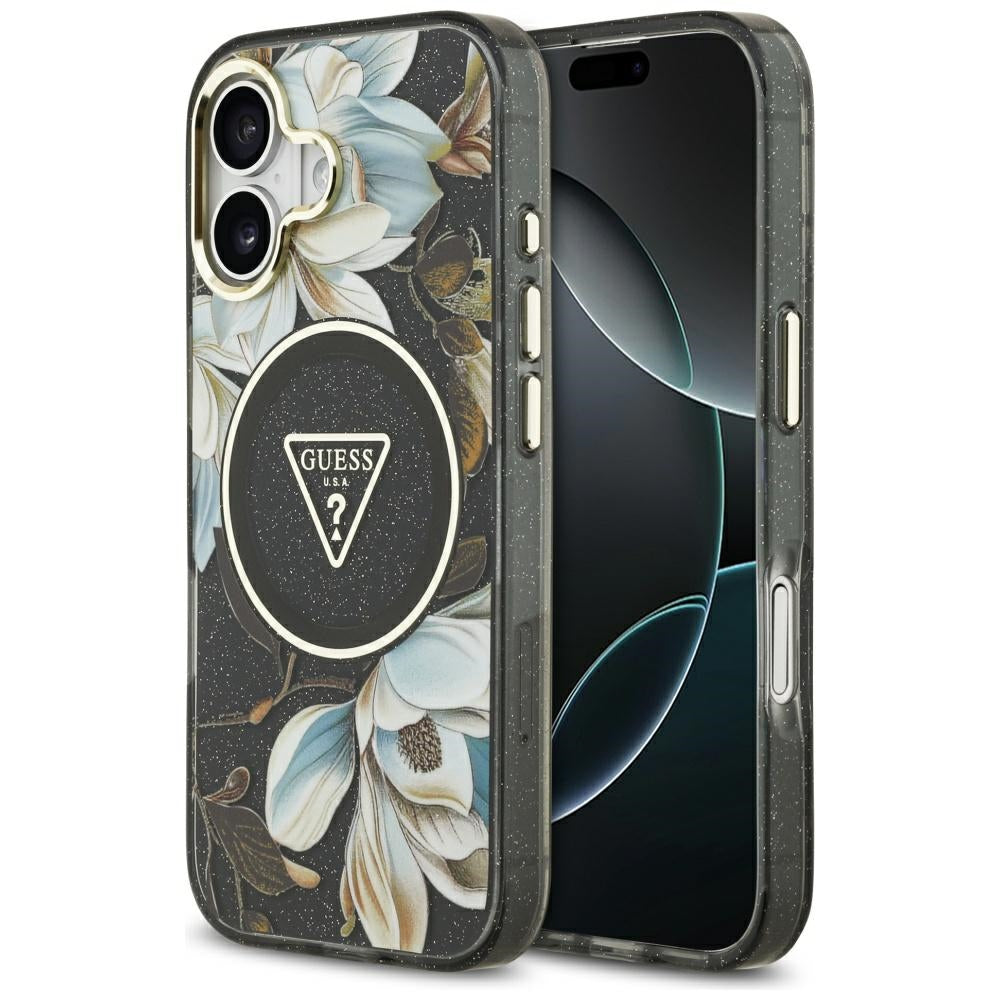 MagSafe tok Apple iPhone 17-hez, Guess, IML Metal Glitter Flowers Triangle, Fekete