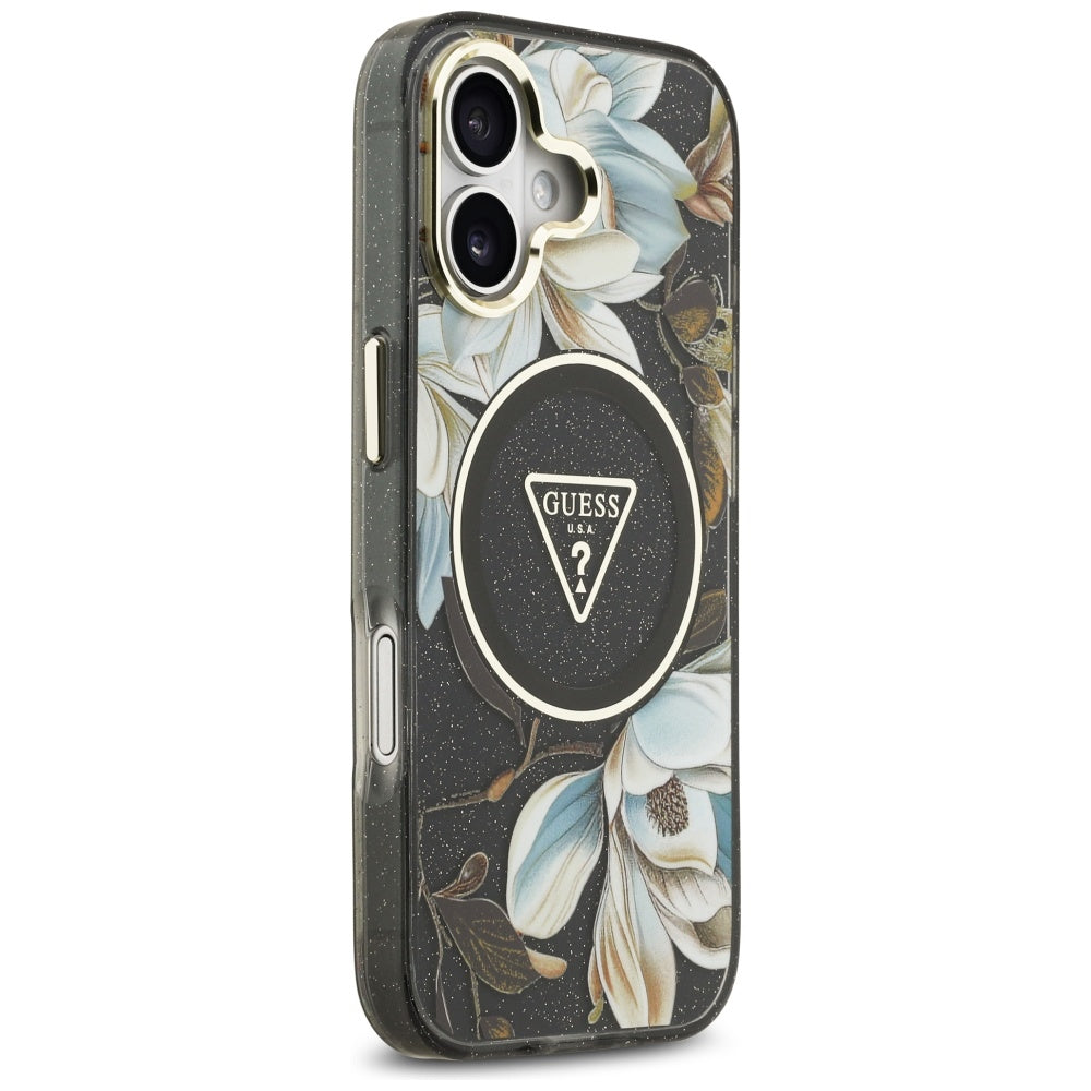 MagSafe tok Apple iPhone 17-hez, Guess, IML Metal Glitter Flowers Triangle, Fekete