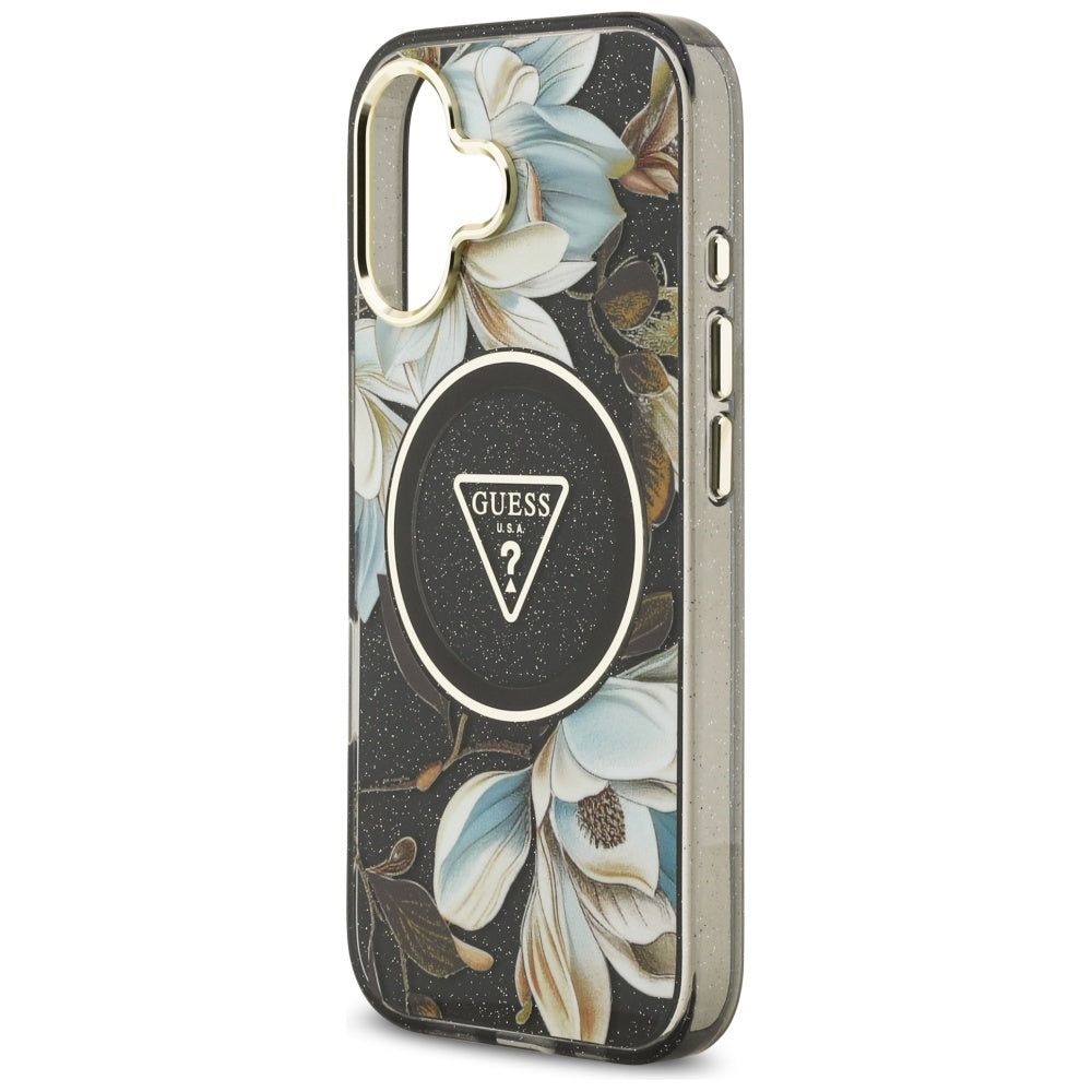 MagSafe tok Apple iPhone 17-hez, Guess, IML Metal Glitter Flowers Triangle, Fekete