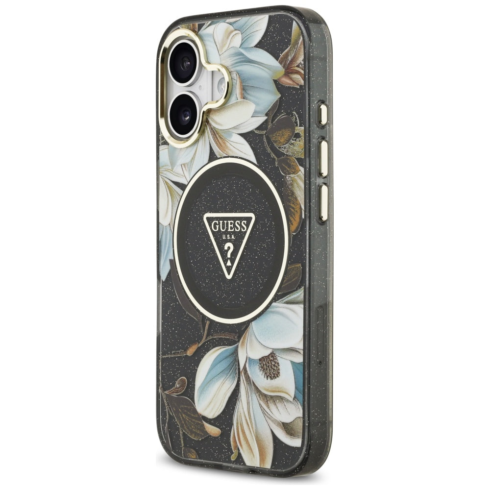 MagSafe tok Apple iPhone 17-hez, Guess, IML Metal Glitter Flowers Triangle, Fekete
