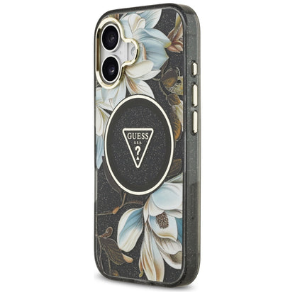 MagSafe tok Apple iPhone 17-hez, Guess, IML Metal Glitter Flowers Triangle, Fekete