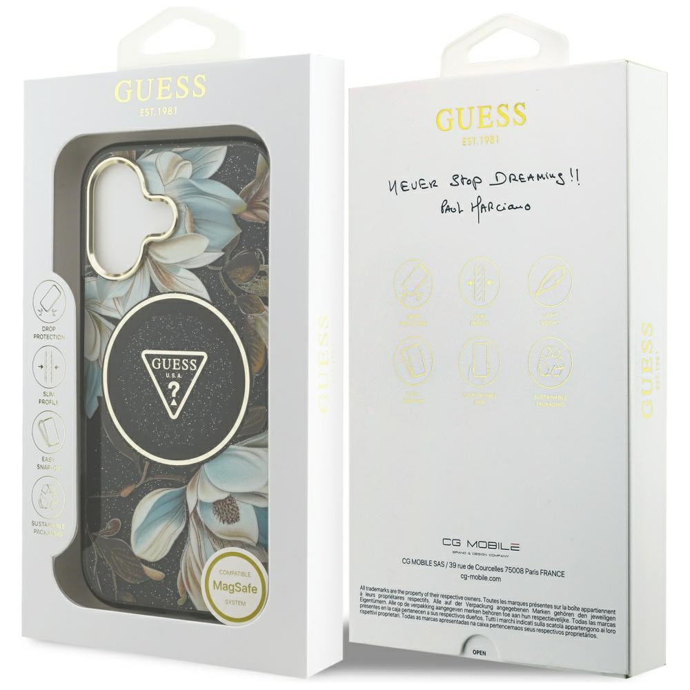 MagSafe tok Apple iPhone 17-hez, Guess, IML Metal Glitter Flowers Triangle, Fekete