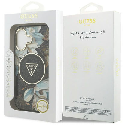 MagSafe tok Apple iPhone 17-hez, Guess, IML Metal Glitter Flowers Triangle, Fekete