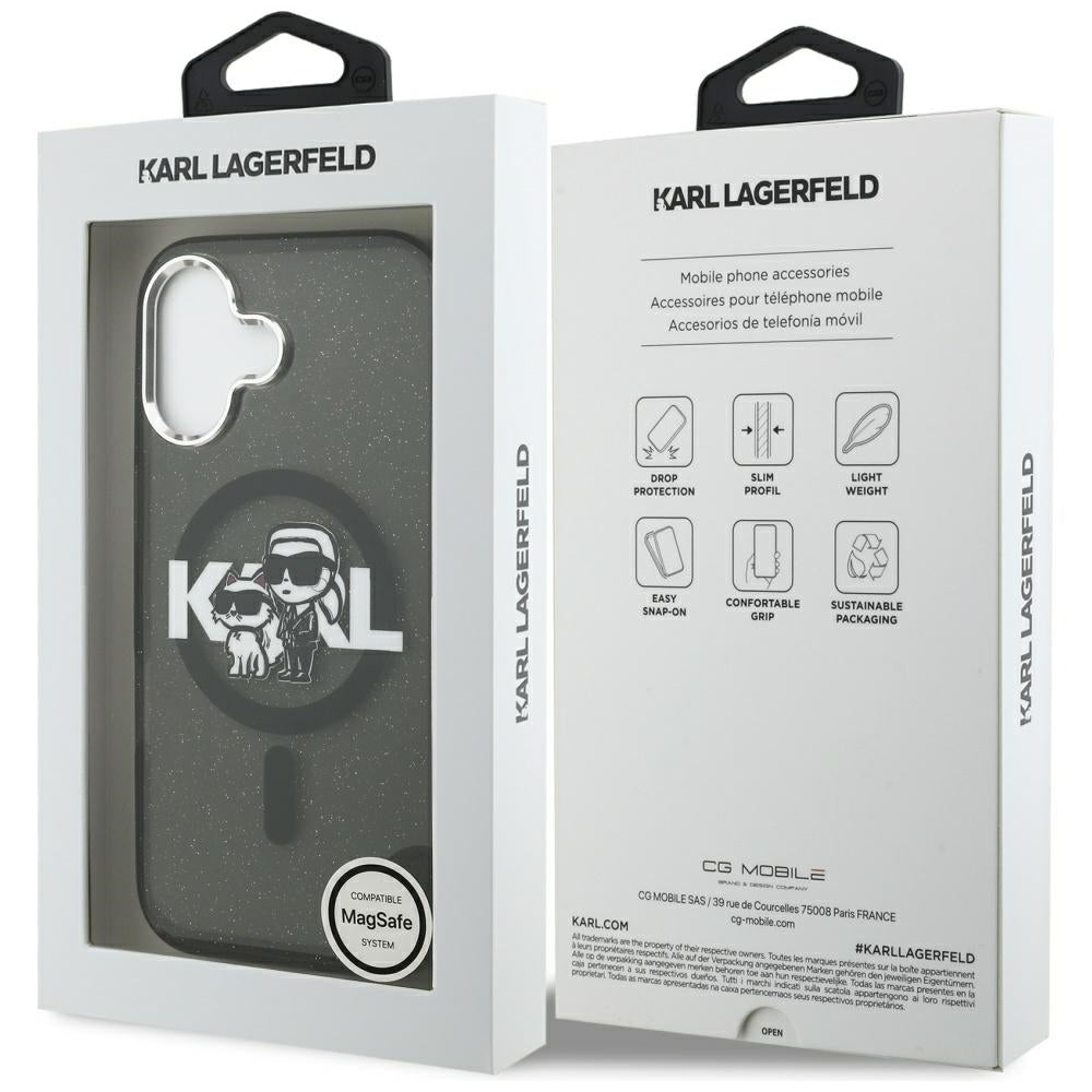 MagSafe Case for Apple iPhone 17, Karl Lagerfeld, IML Sketch Logo Glitter Karl & Choupette, Black