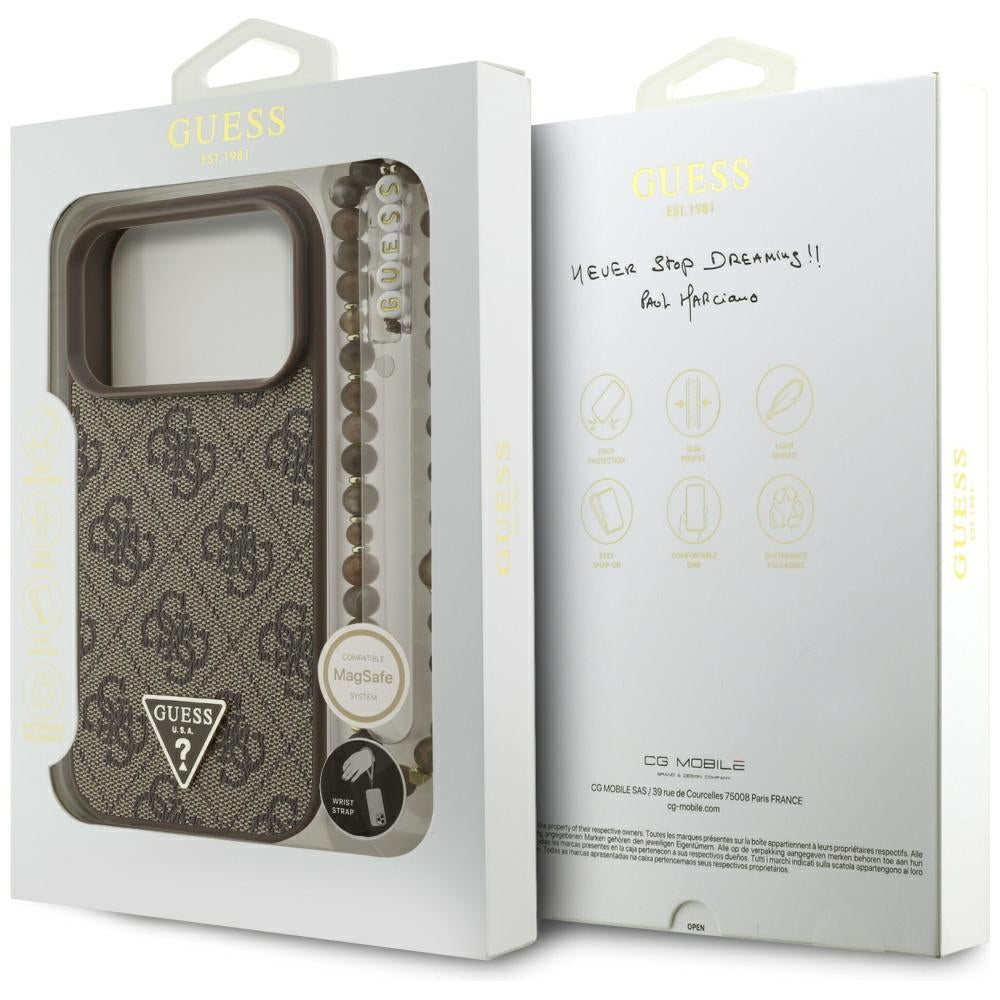 MagSafe tok Apple iPhone 17 Pro-hoz, Guess, 4G háromszög logó gyöngyös pánttal, barna