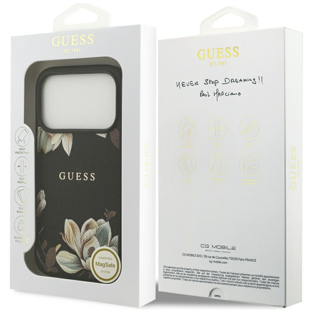 MagSafe tok Apple iPhone 17 Pro-hoz, Guess, Grained Flowers, Fekete