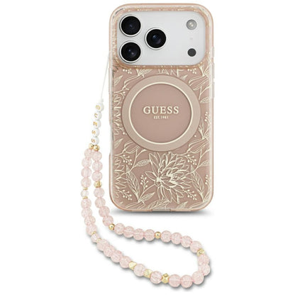 MagSafe tok Apple iPhone 17 Pro-hoz, Guess, IML Flowers Allover Electroplated with Pearl Strap, Rózsaszín