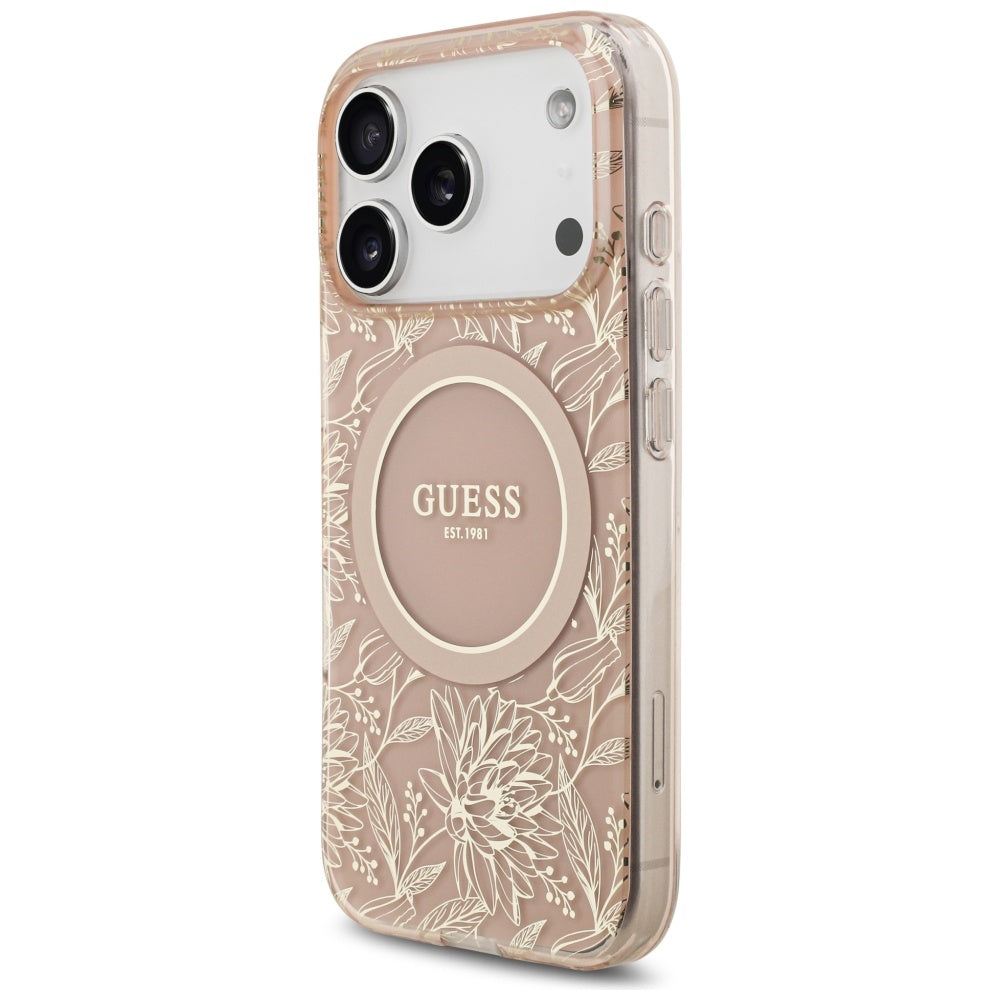 MagSafe tok Apple iPhone 17 Pro-hoz, Guess, IML Flowers Allover Electroplated with Pearl Strap, Rózsaszín