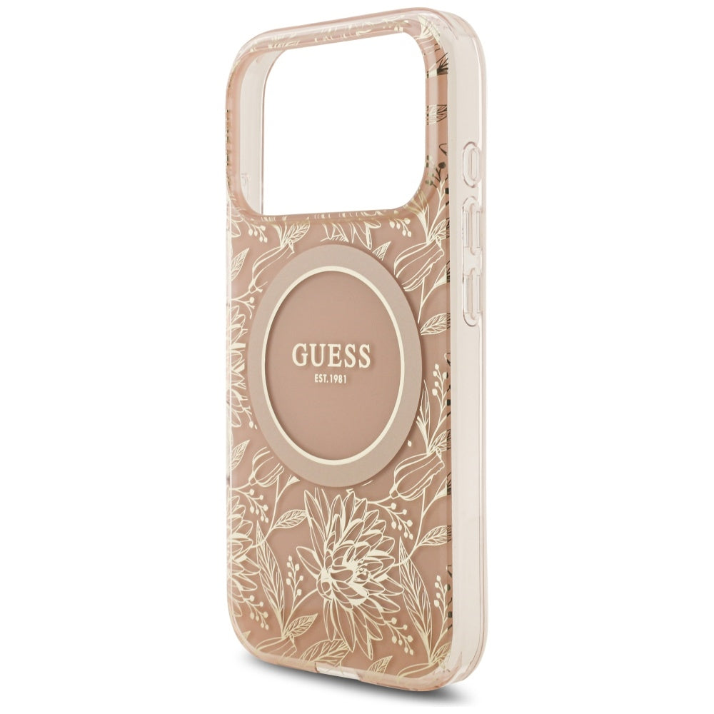 MagSafe tok Apple iPhone 17 Pro-hoz, Guess, IML Flowers Allover Electroplated with Pearl Strap, Rózsaszín