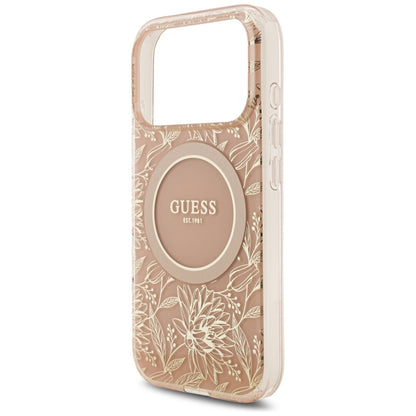 MagSafe tok Apple iPhone 17 Pro-hoz, Guess, IML Flowers Allover Electroplated with Pearl Strap, Rózsaszín