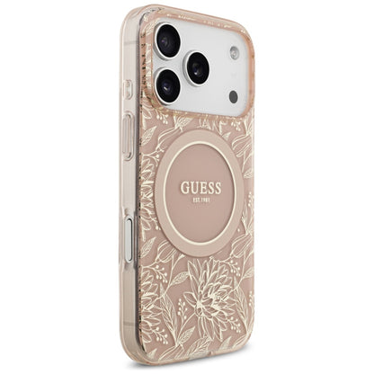 MagSafe tok Apple iPhone 17 Pro-hoz, Guess, IML Flowers Allover Electroplated with Pearl Strap, Rózsaszín