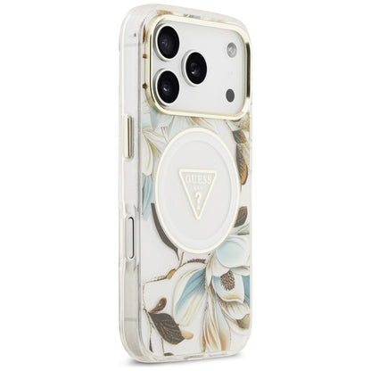 MagSafe tok Apple iPhone 17 Pro-hoz, Guess, IML Metal Glitter Flowers Triangle, Fehér