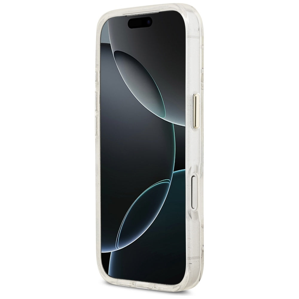 MagSafe tok Apple iPhone 17 Pro-hoz, Guess, IML Metal Glitter Flowers Triangle, Fehér