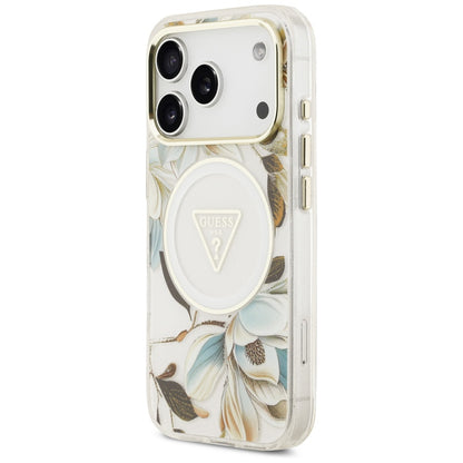 MagSafe tok Apple iPhone 17 Pro-hoz, Guess, IML Metal Glitter Flowers Triangle, Fehér