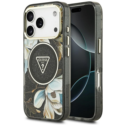 MagSafe tok Apple iPhone 17 Pro-hoz, Guess, IML Metal Glitter Flowers Triangle, Fekete