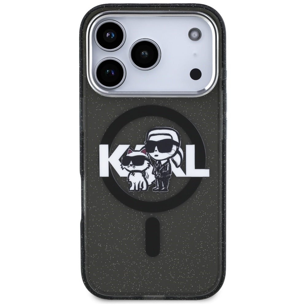 MagSafe tok Apple iPhone 17 Pro-hoz, Karl Lagerfeld, IML Sketch Logo Glitter Karl & Choupette, Fekete