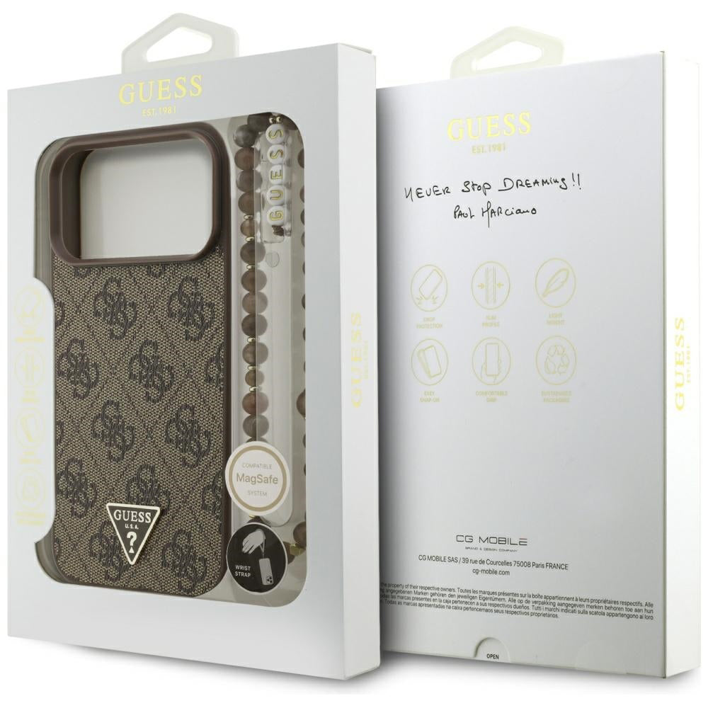 MagSafe tok Apple iPhone 17 Pro Max-hez, Guess, 4G Triangle Logo Cord Strap, Barna