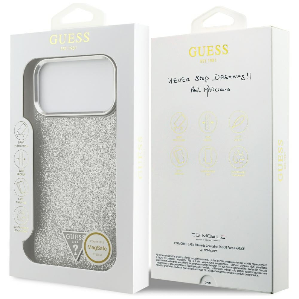 MagSafe tok Apple iPhone 17 Pro Max-hez, Guess, Glitter Triangle Logo, Ezüst